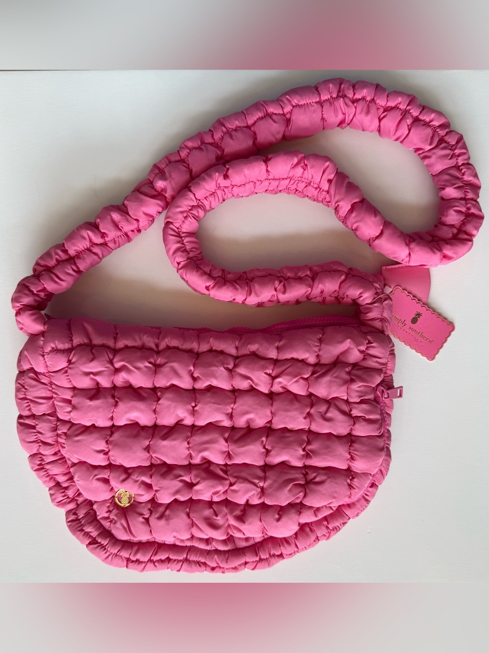 Simply Southern Pink Puff Quilted Shoulder Bag Purse Zip Close Lightweight Hobo